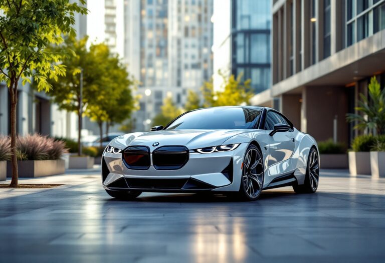 BMW coupé elettrica in un paesaggio urbano moderno