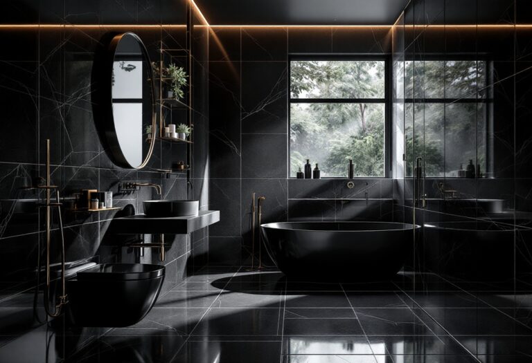 Bagno elegante con finiture nere e design moderno