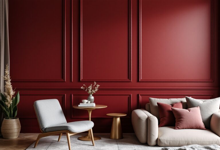 Arredamento moderno con dettagli bordeaux eleganti