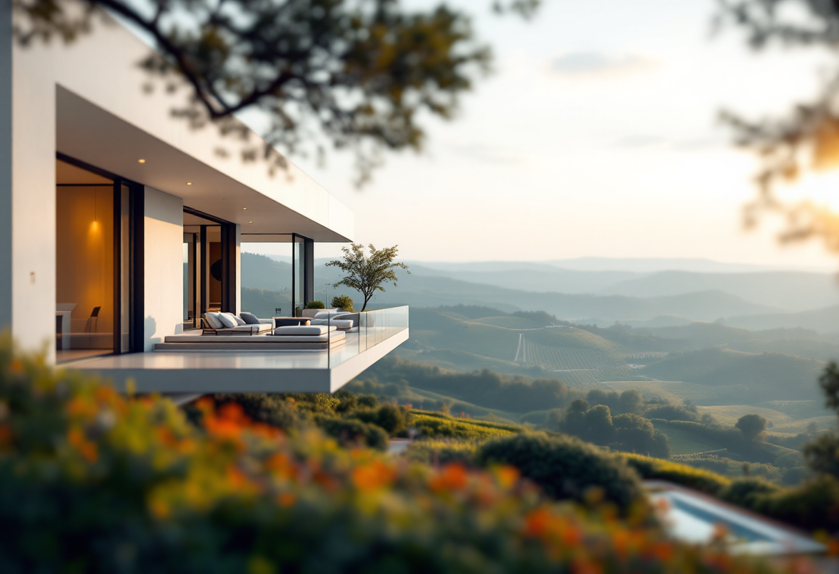 Vista di un edificio moderno immerso nella campagna veneta