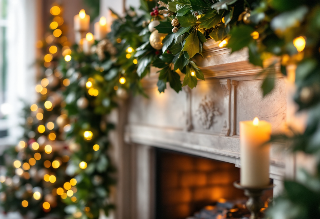 Decorazione del camino per un Natale elegante