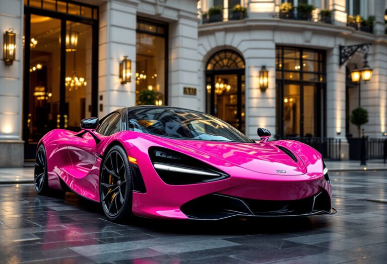 McLaren 720S di colore rosa shocking in una strada di Londra