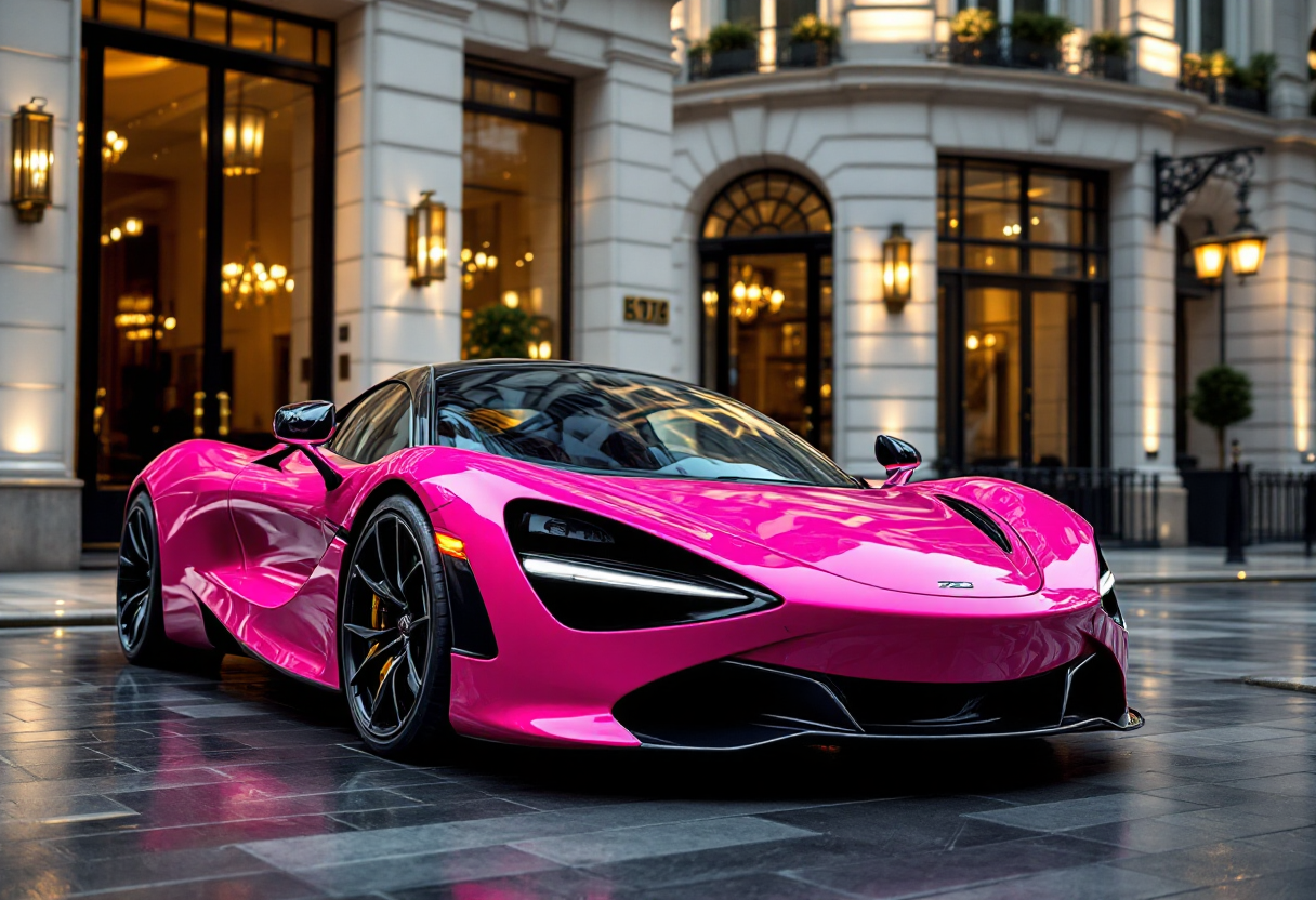 McLaren 720S di colore rosa shocking in una strada di Londra