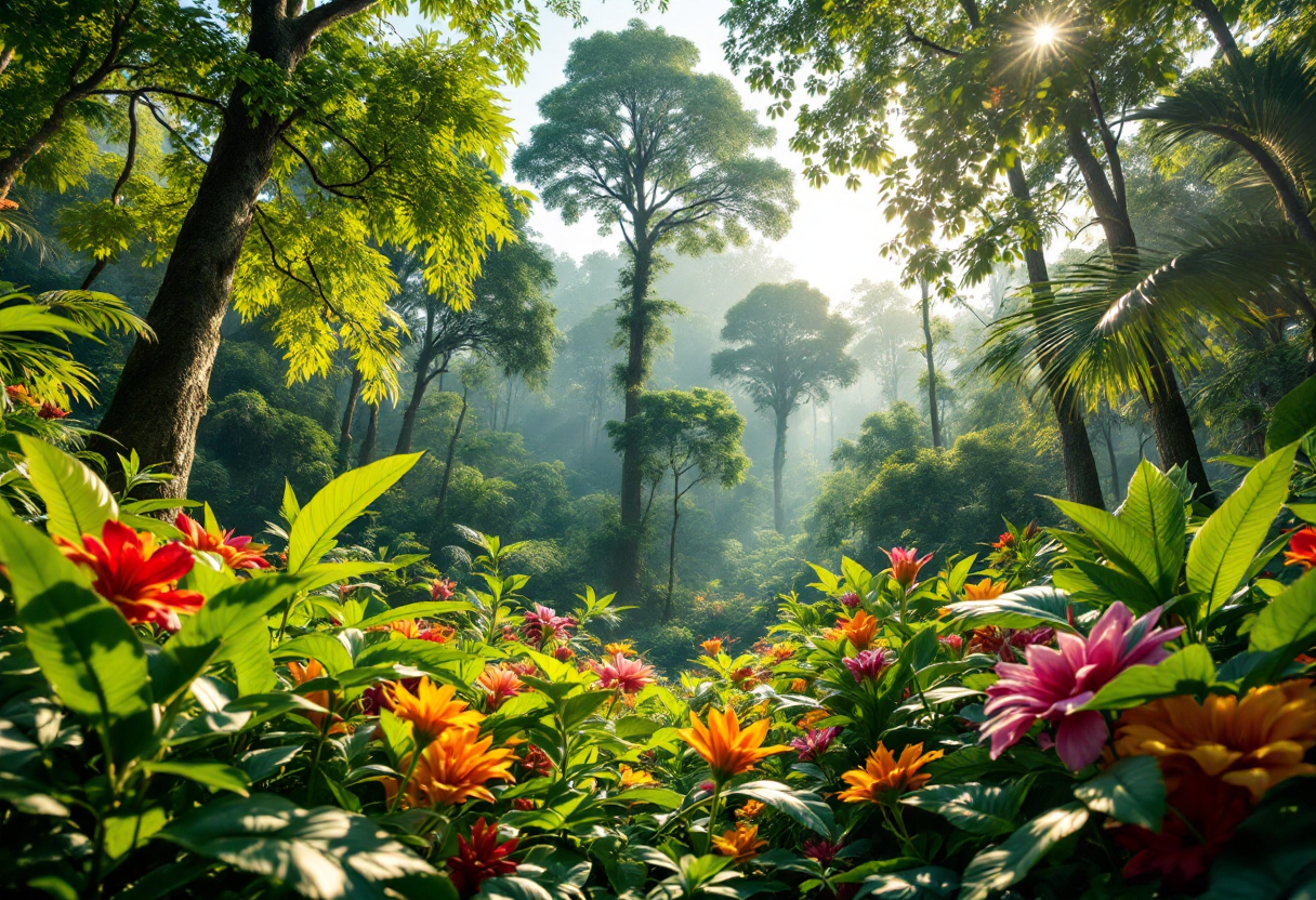 Lussureggiante paesaggio dell'Amazzonia con flora e fauna