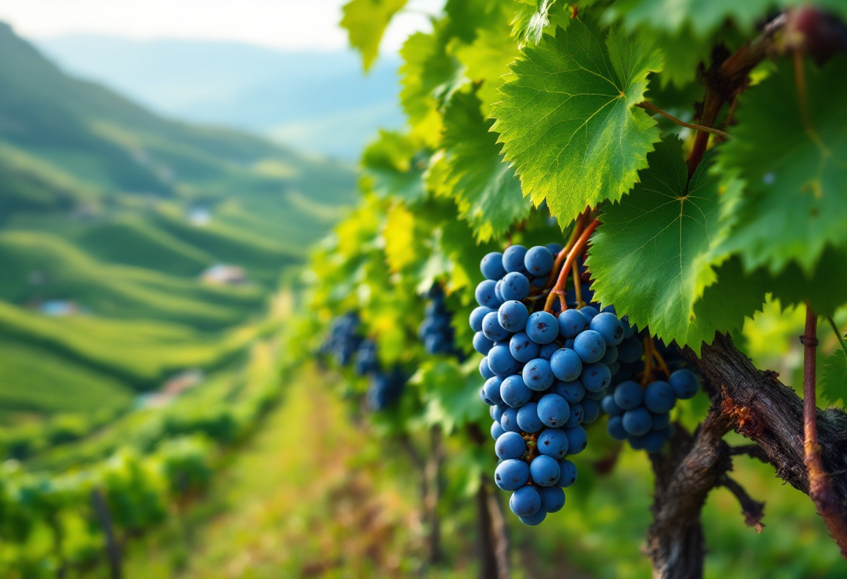 Vigneti colorati della Val di Cembra con montagne sullo sfondo