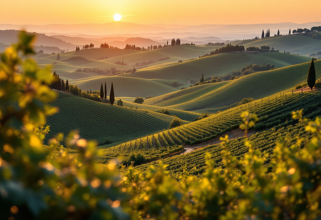 Coppia in un paesaggio toscano con piatti tipici