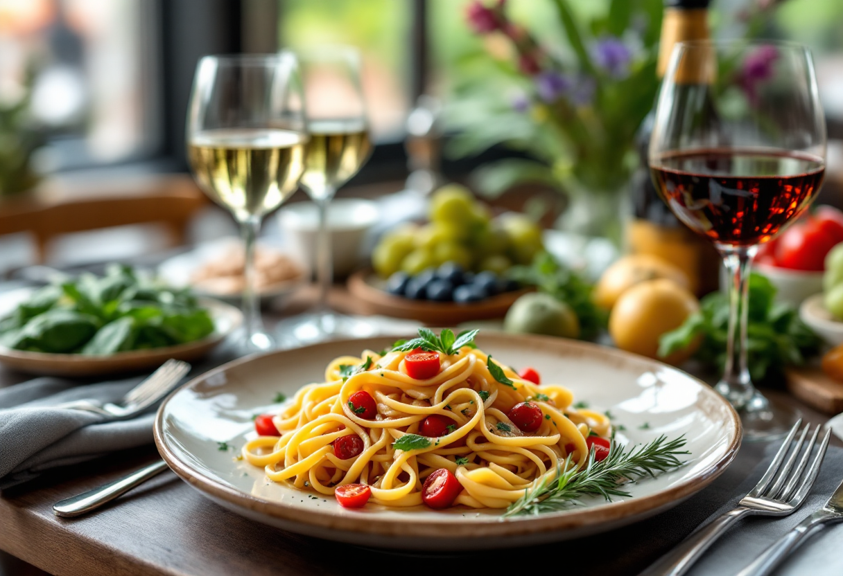 Piatto di pasta italiana con ingredienti freschi