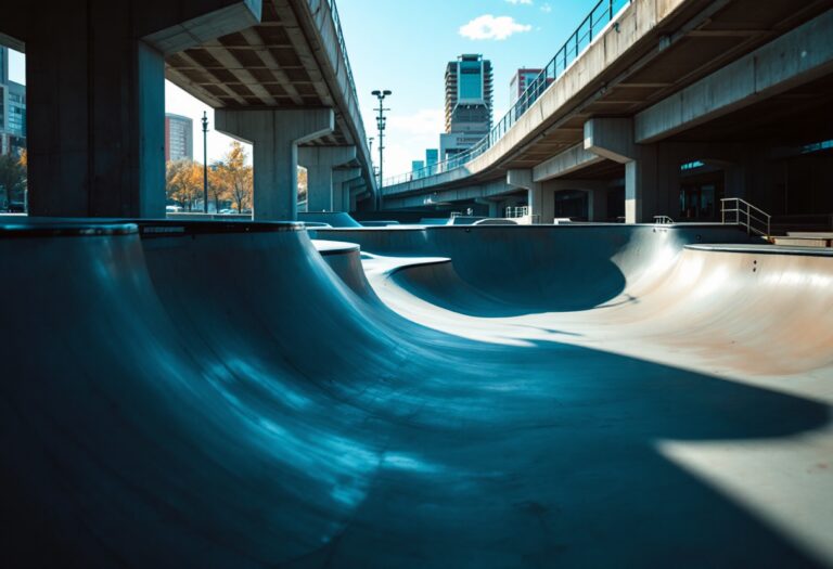 Skatepark con skater che eseguono acrobazie artistiche