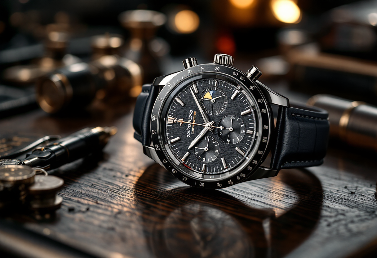 Orologio Speedmaster Moonphase Meteorite di OMEGA in primo piano