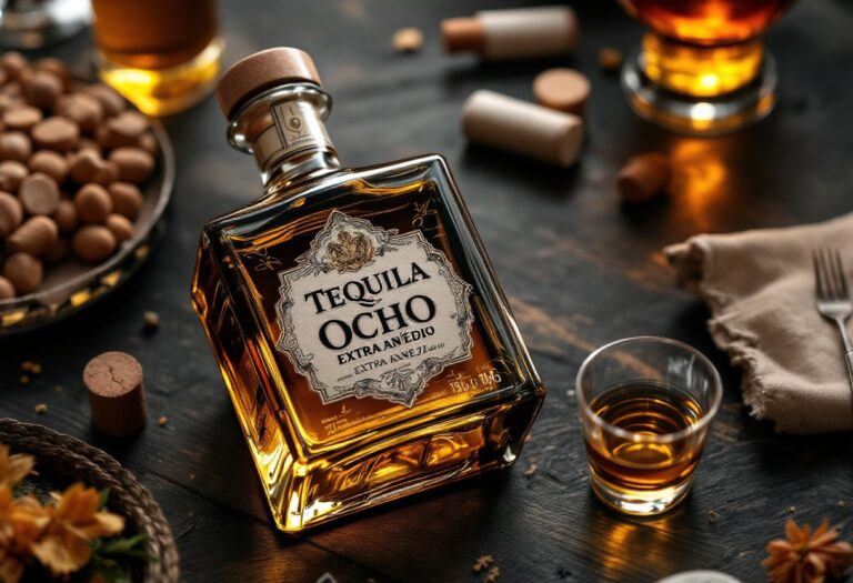 Bottiglia di Tequila Ocho Extra Añejo in un ambiente elegante