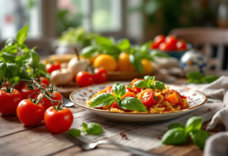 Piatto di pasta italiana con ingredienti freschi