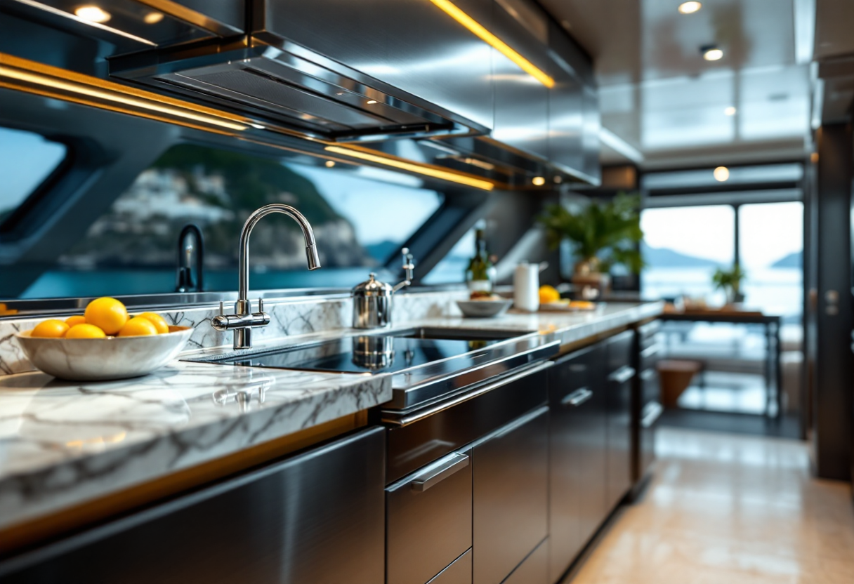 Cucina di lusso su yacht moderno con design elegante