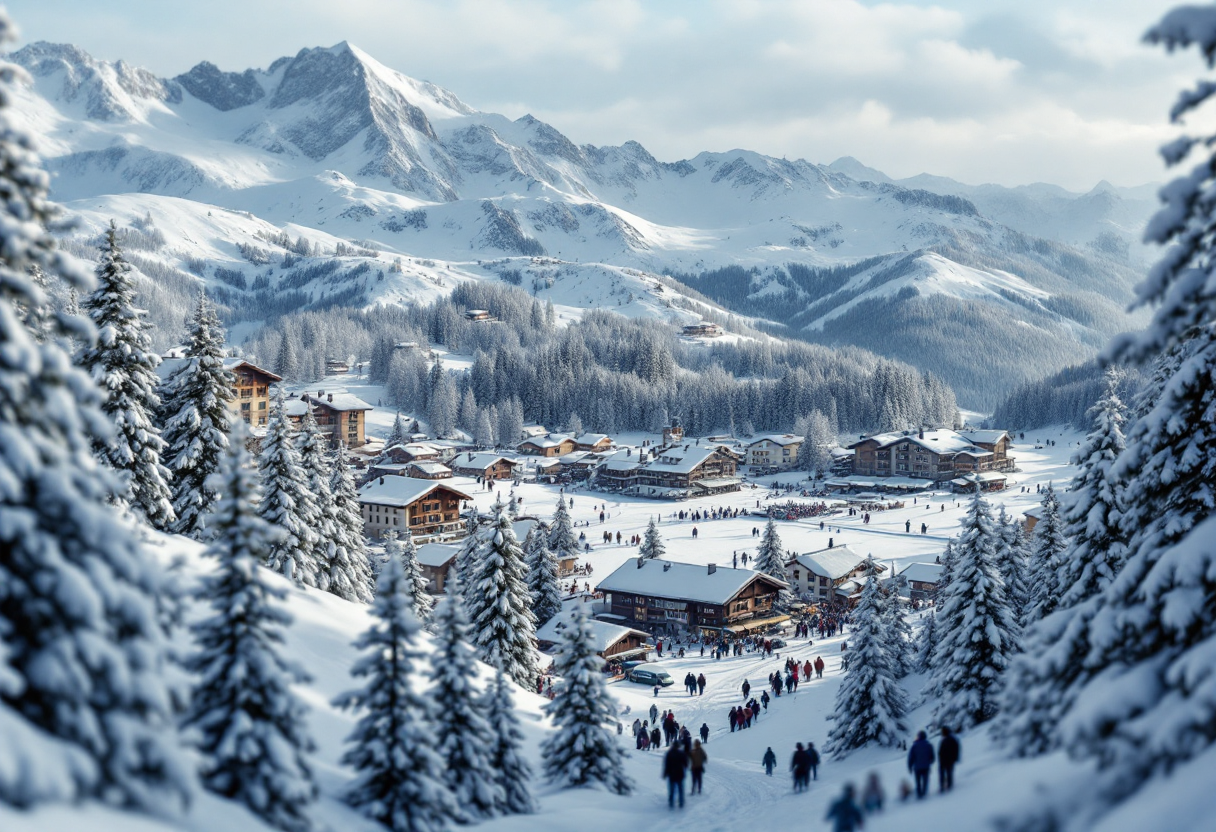 Panorama invernale di Roccaraso con neve e sciatori