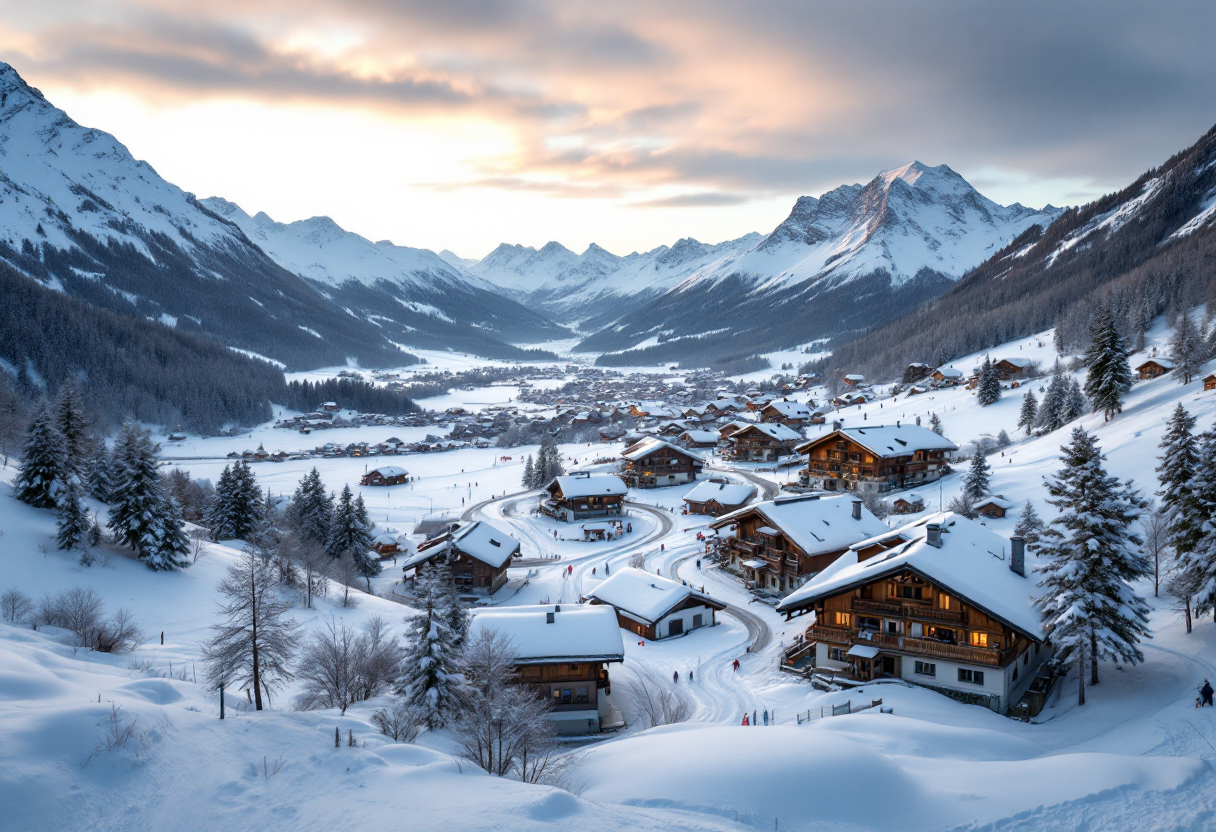 Panorama innevato della Stubaital con sciatori